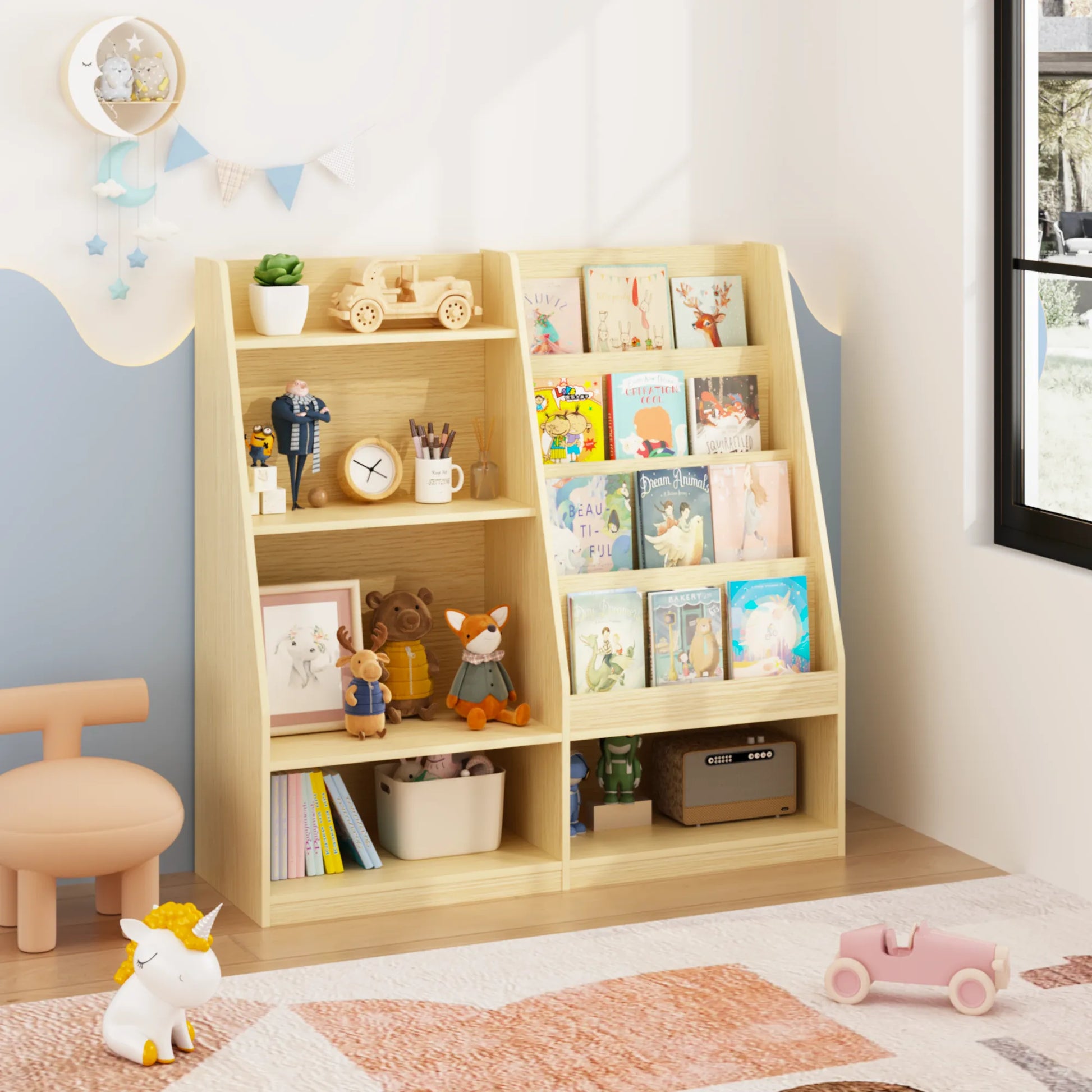 Kids Bookshelf and Toy Storage Organizer, Multifunctional 4 Tier Wooden Kids Book Shelf with Bookcase Display Stand in Kids Room Playroom Nursery for – view 7