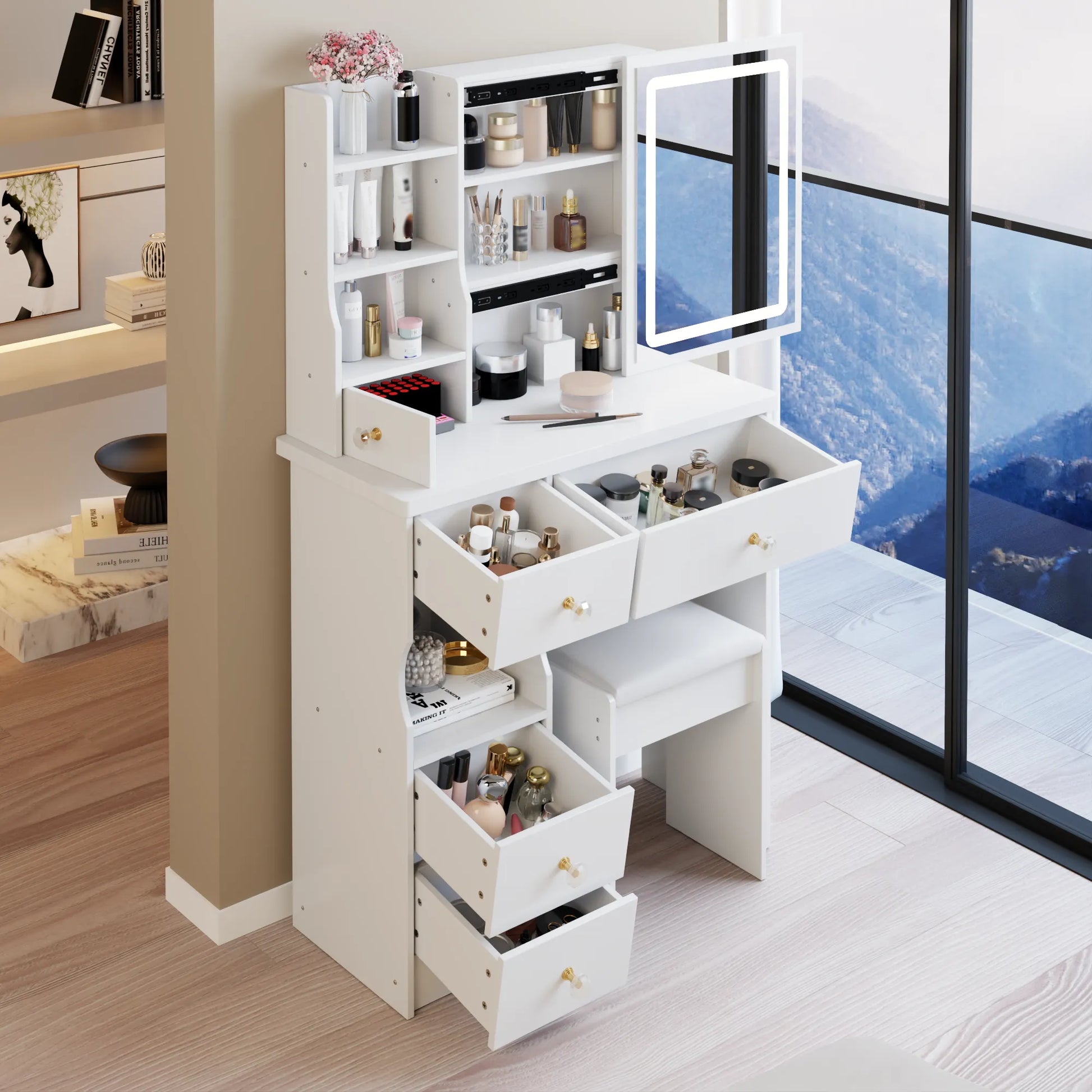 29.2' Small Size Left Drawer Desktop Vanity Table + Cushioned Stool, Large Sliding, Touch Control, Tri-color Switching, Brightness Adjust LED Mirror – view 7