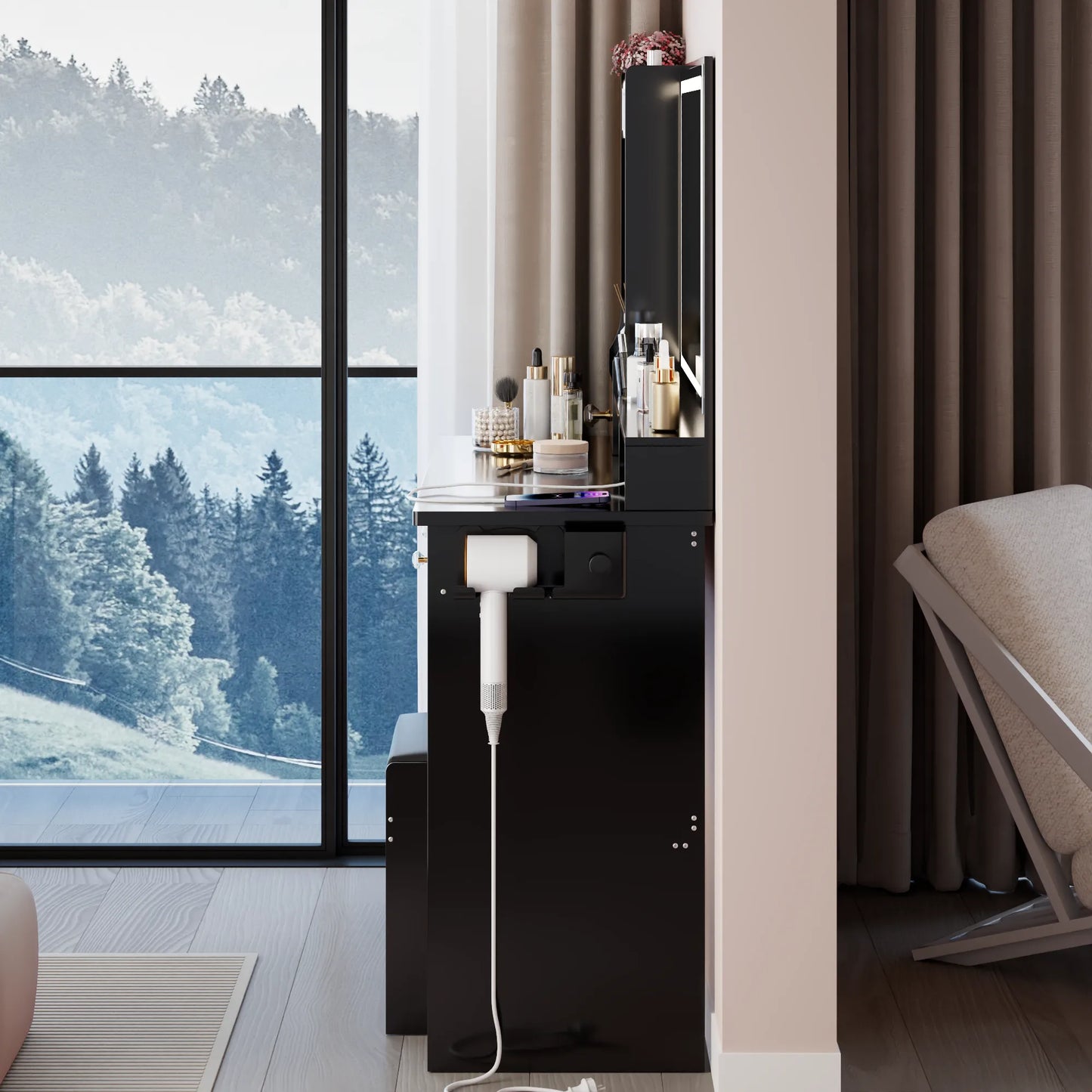 41' Large Size Left Drawer Desktop Vanity Table+Cushioned Stool Dresser Set, 2 AC+2 USB Power Station, Hair Dryer Stand, Extra Large Touch Control – view 7