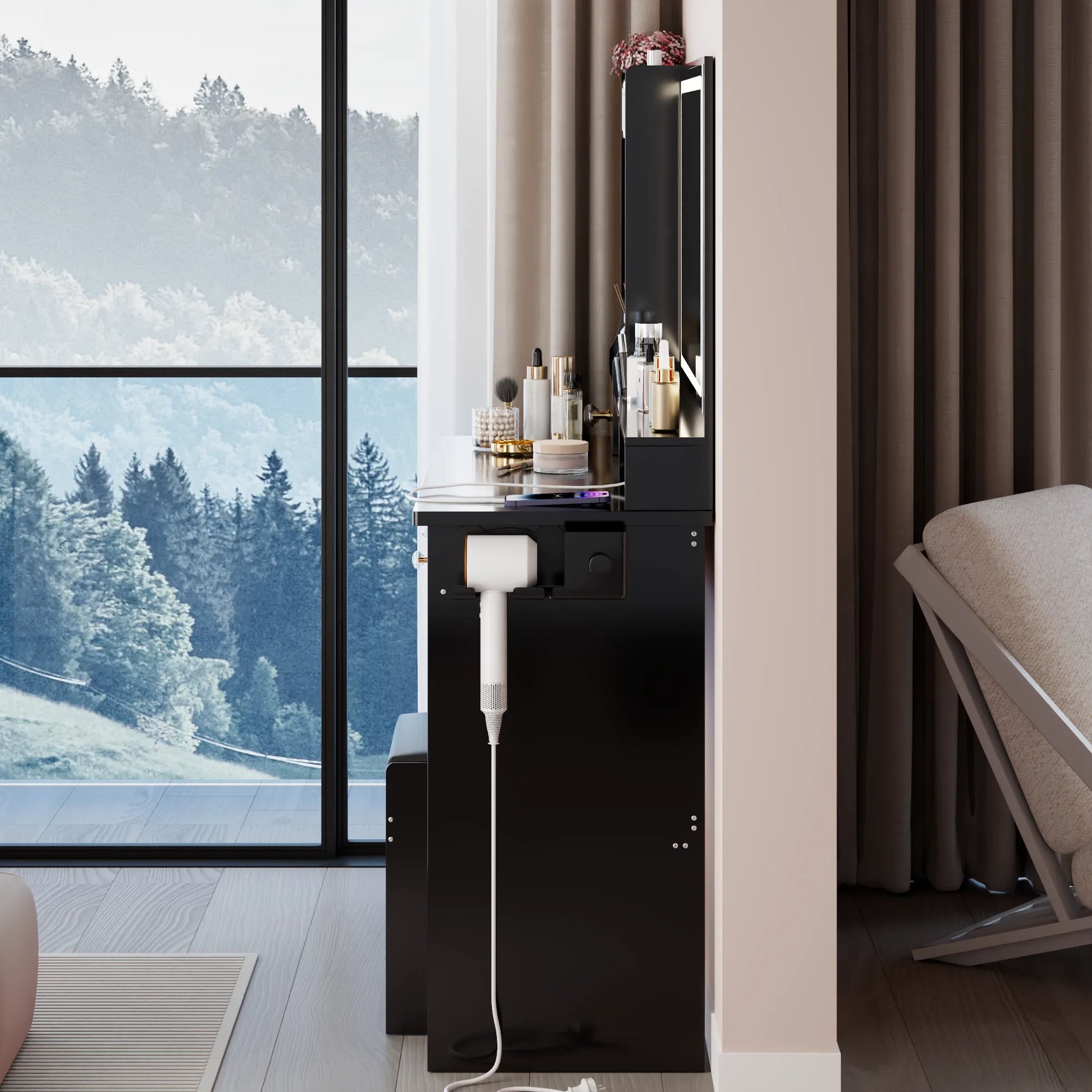 41' Large Size Left Drawer Desktop Vanity Table+Cushioned Stool Dresser Set, 2 AC+2 USB Power Station, Hair Dryer Stand, Extra Large Touch Control – view 7