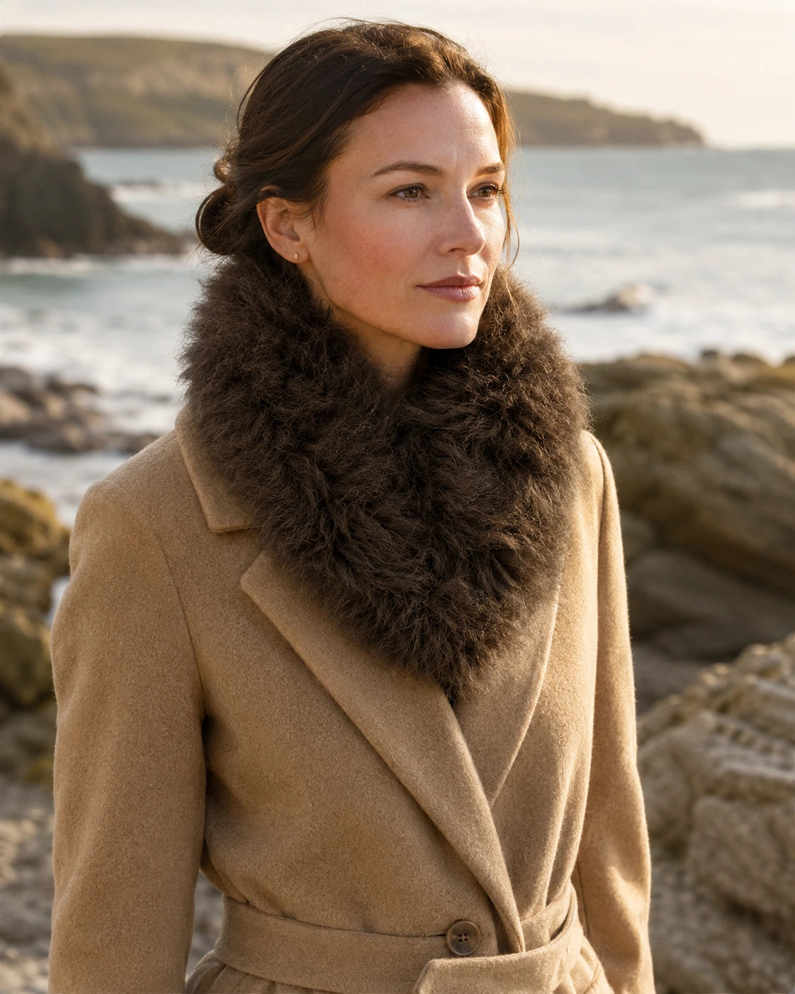 Adult woman styling a Warm Brown genuine lamb fur scarf with a camel coat