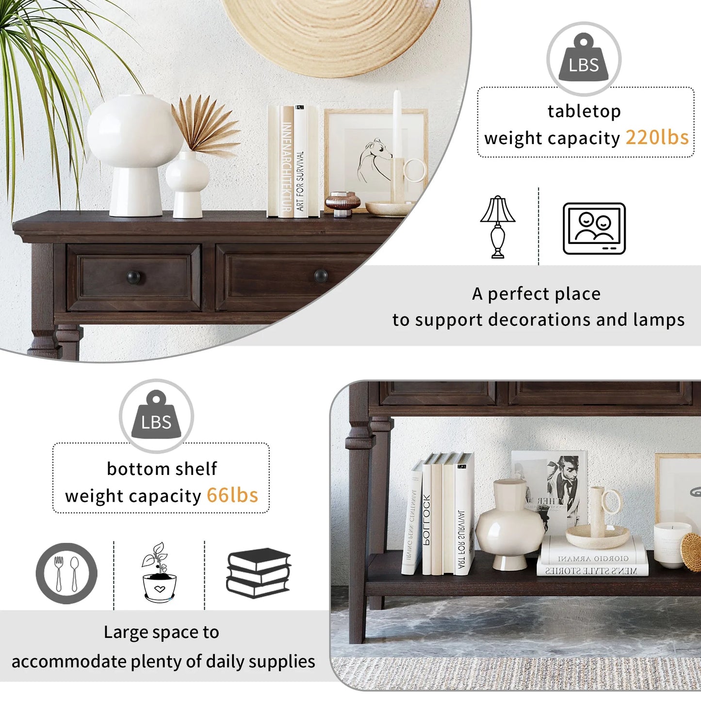 Classic Retro Style Console Table with Three Top Drawers and Open Style Bottom Shelf, Easy Assembly (Espresso) – view 7