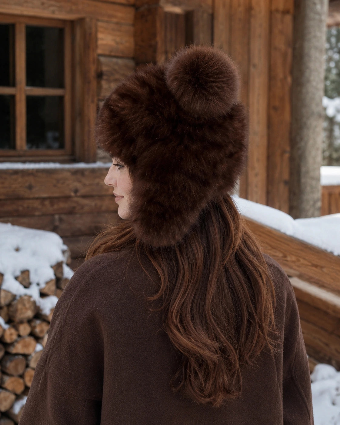 Women's brown sable fur earflap hat shown from the side at a snowy cabin