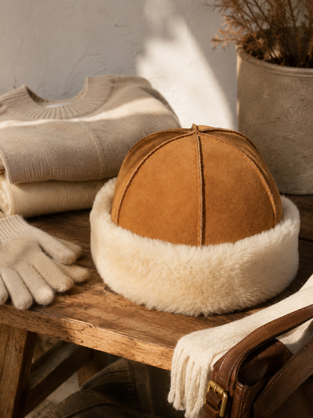 Camel and ivory wool shearling winter hat with gloves and knitwear