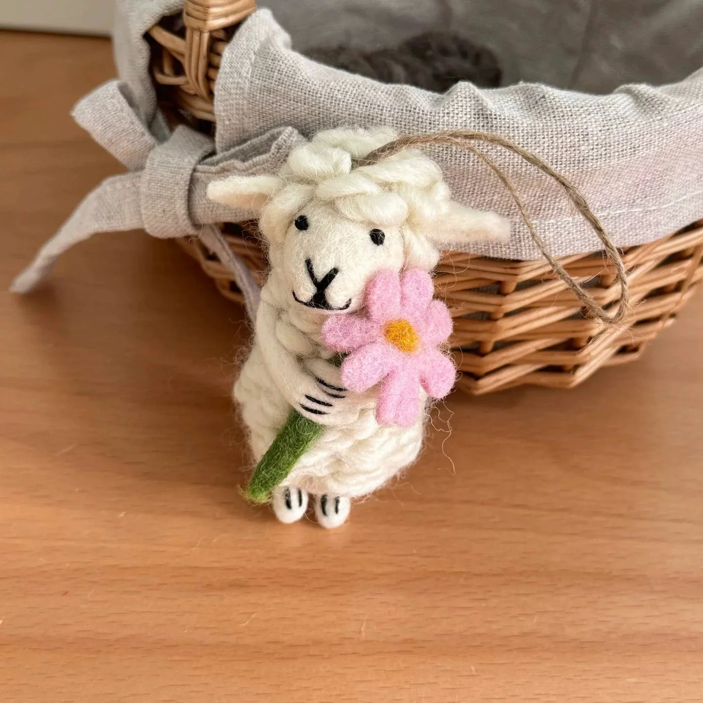 Pink-Flower Lamb handmade wool felt bag charm and keychain