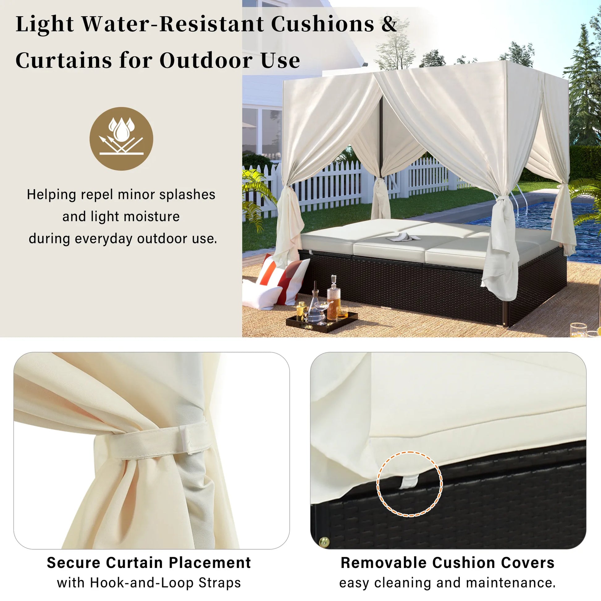 U_STYLE Outdoor Double Chaise Lounge Daybed with Curtains,Patio Outdoor Sunbed with Adjustable Backrest, Sturdy Steel Frame Loveseat Sofa for – view 7