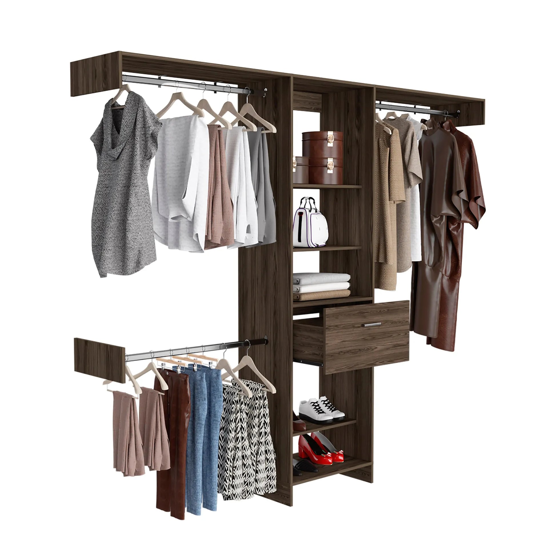 250 Closet System, Five Open Shelves, One Drawer, Three Metal Rods -Dark Walnut – view 8