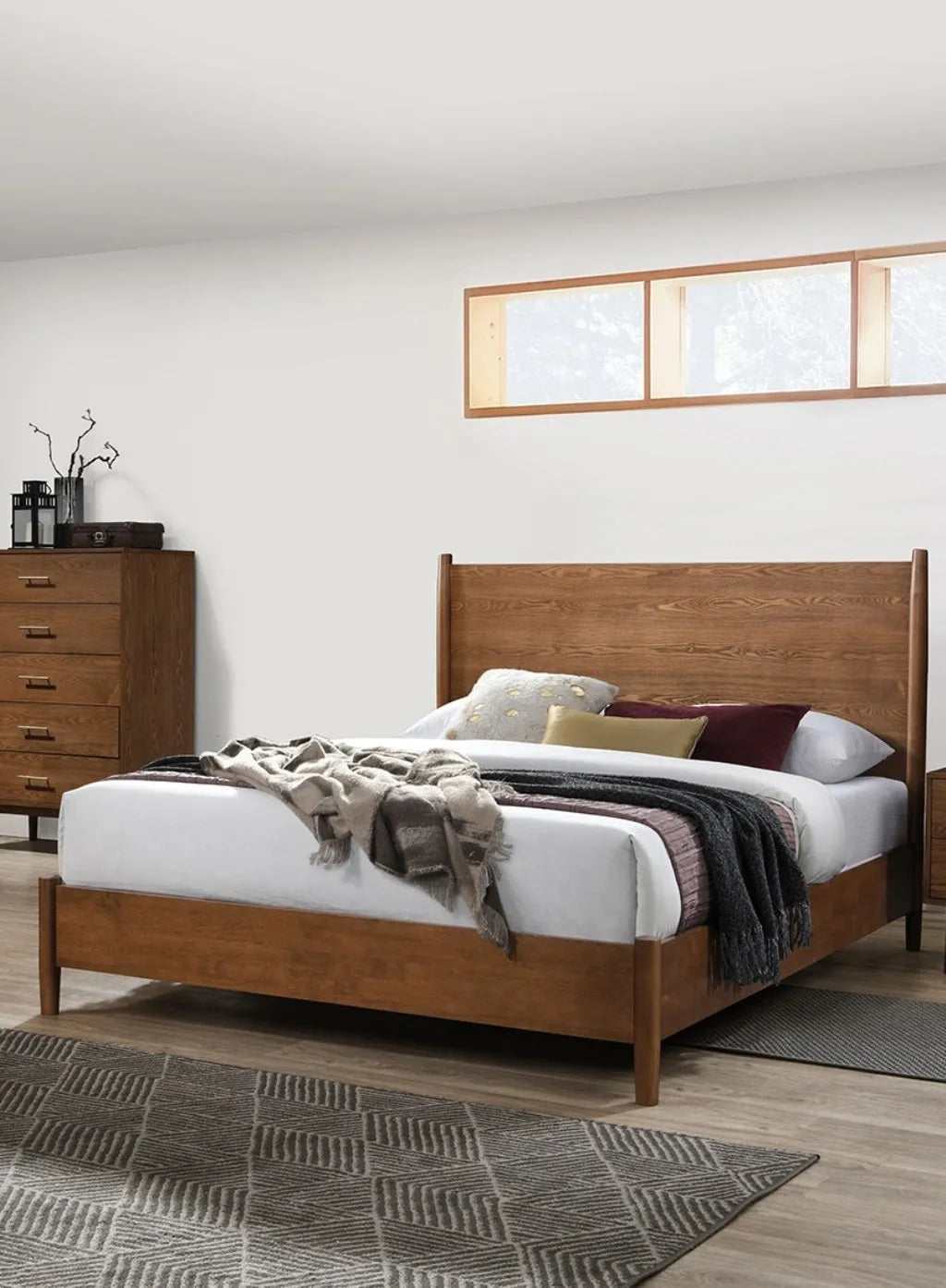 Walnut Color Panel Headboard 3pc Bedroom Set Full Size Bed 2x Nightstands Wooden Mid-Century Modern Style – view 8