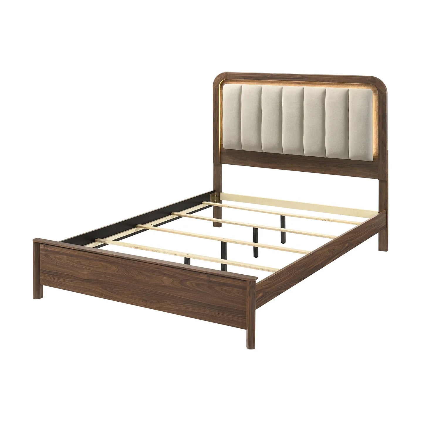Walnut Gorgeous Queen Size Bed Nightstands Set Panel Bed HB w LED Warm Light Bedroom Set 3pc – view 8