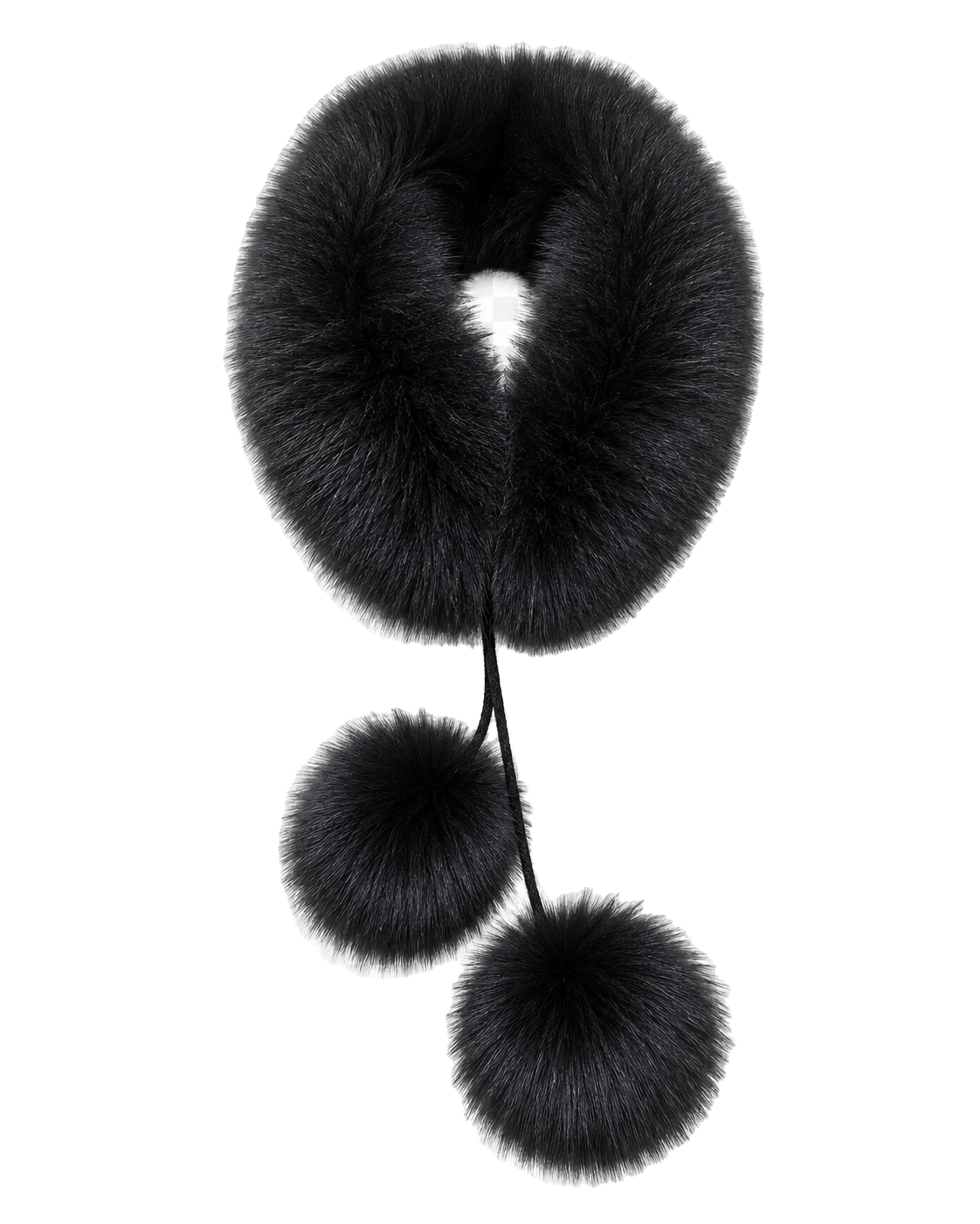 Black genuine fox fur loop scarf with rabbit fur lining and two pom-poms on transparent background