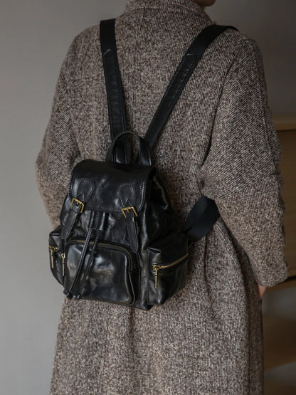 Black leather backpack alternate on-body view
