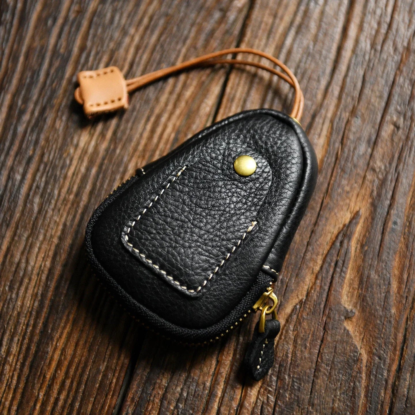 Black top-grain leather car key case