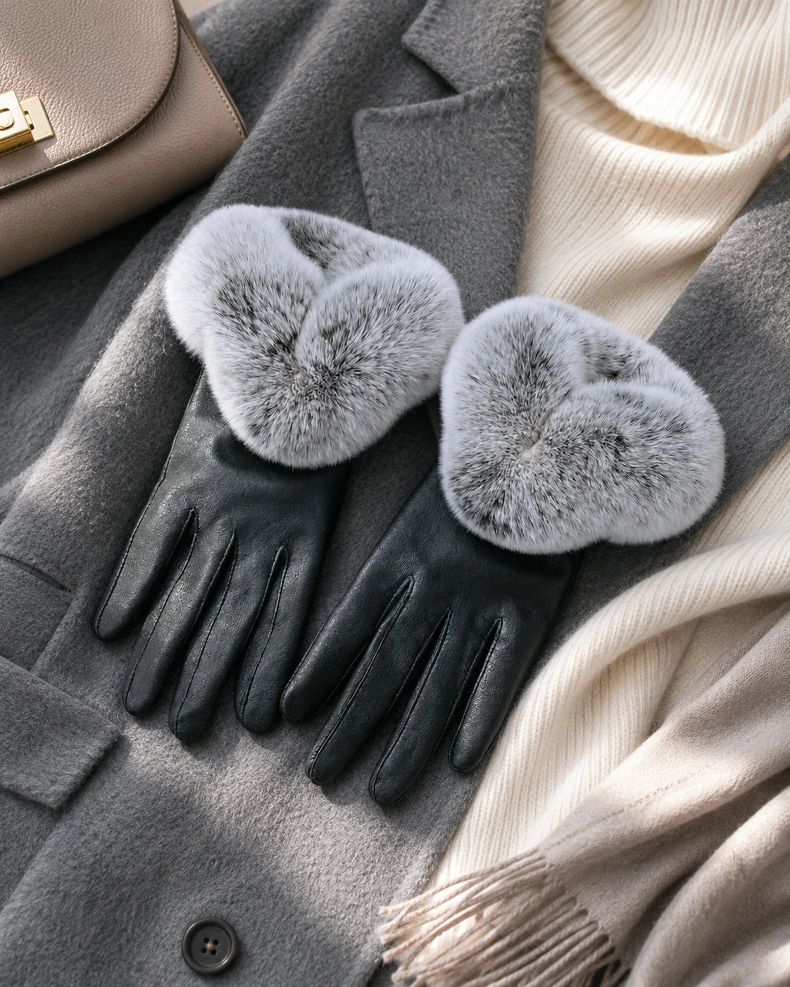 Black leather gloves with Rex rabbit fur cuffs styled with a winter outfit