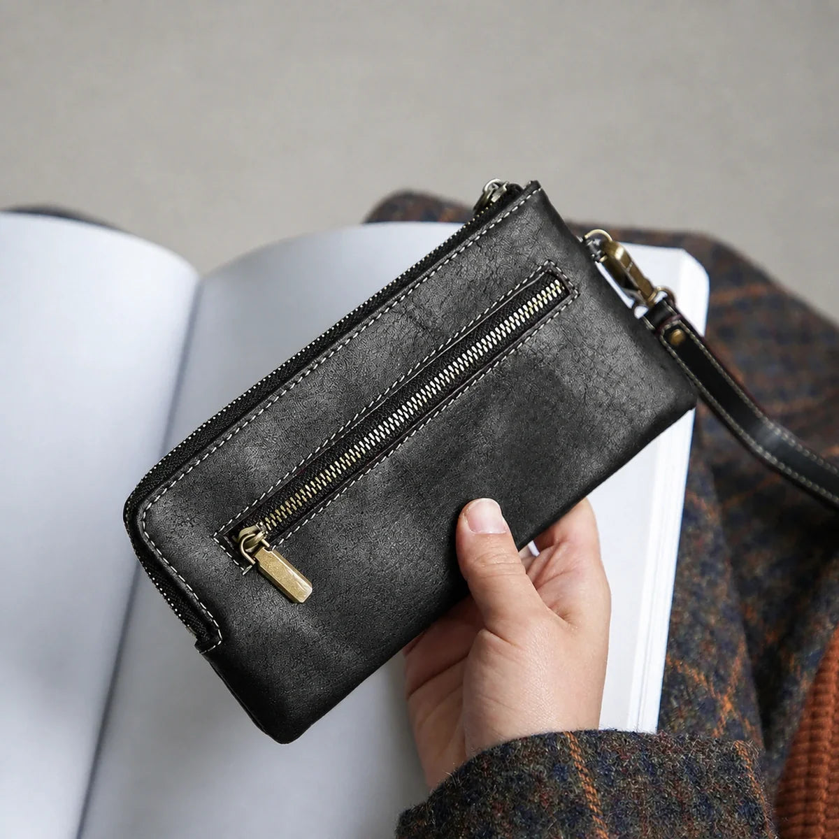 Black top-grain cowhide long zip wallet