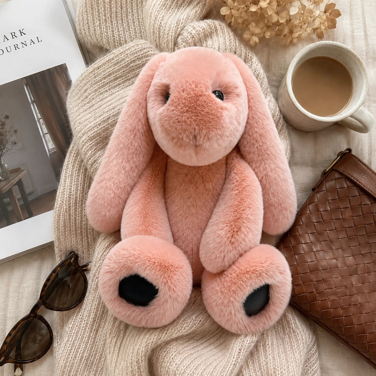 Blush Pink genuine Rex rabbit fur lop bunny doll styled with knitwear and coffee table decor