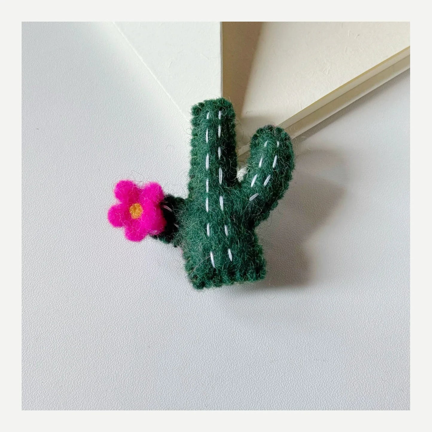 Green cactus handmade wool felt brooch with pink flower