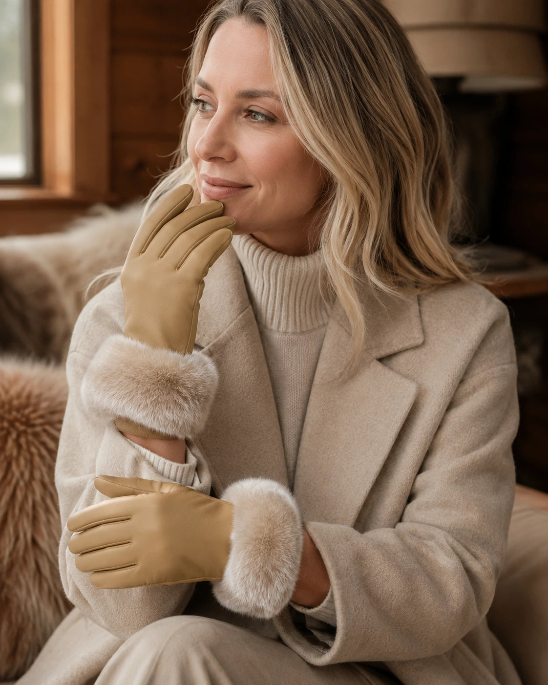 Woman wearing camel leather gloves with fur cuffs in a winter cabin