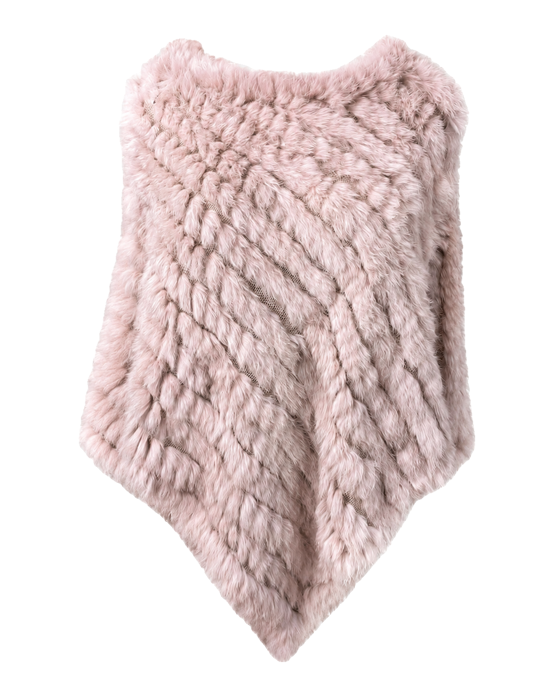 Apricot Pink handwoven genuine rabbit fur triangle poncho with classic knit collar on a transparent background