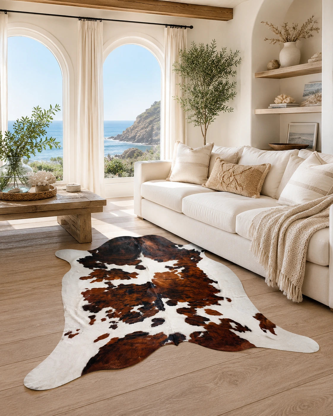 Dark brown and ivory genuine cowhide rug styled in a bright neutral living room