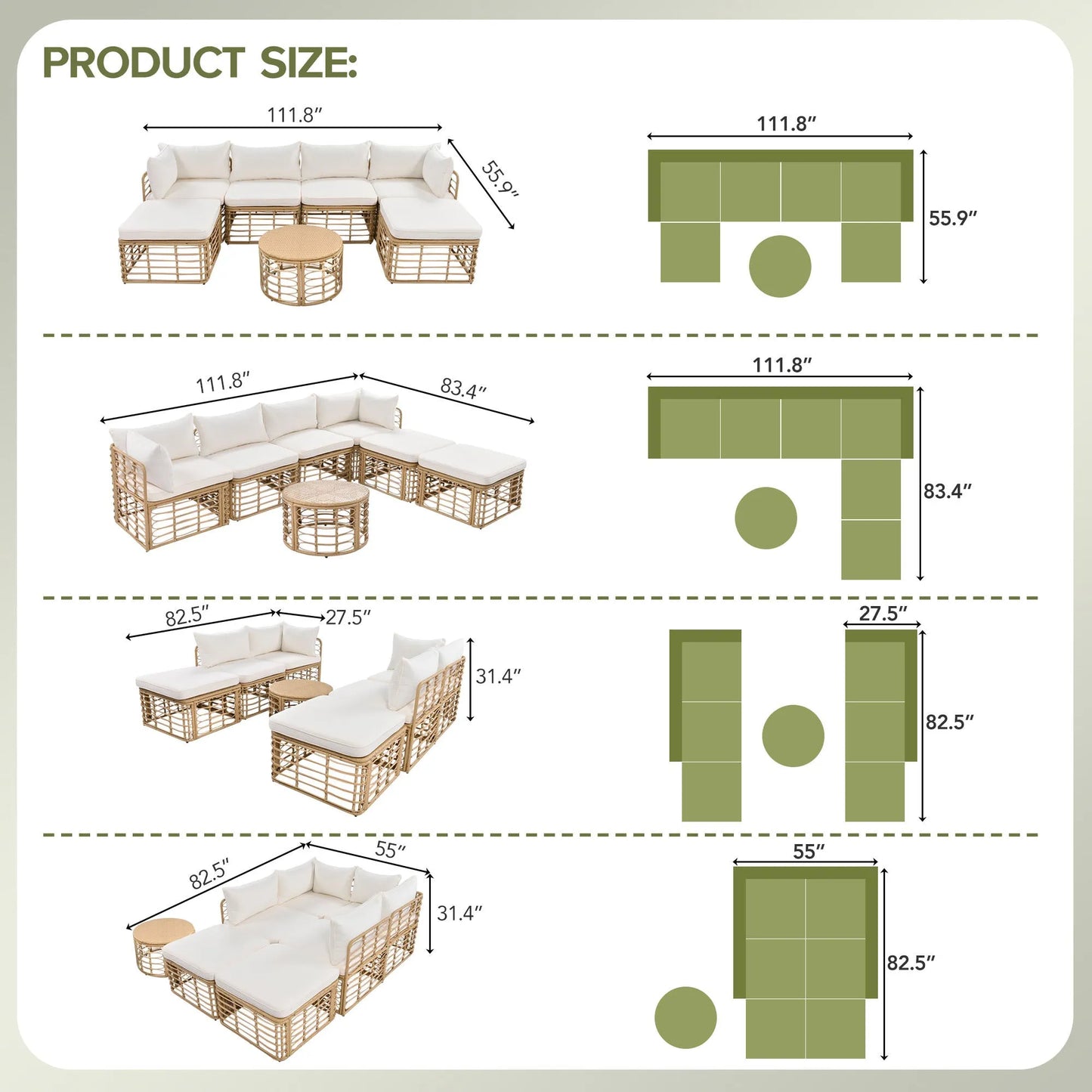 7 Pieces Outdoor Patio Furniture, All-Weather Rattan Sectional Sofa Set with Thick Cushions and Pillows, Freely Combined Conversation Sets for – view 8