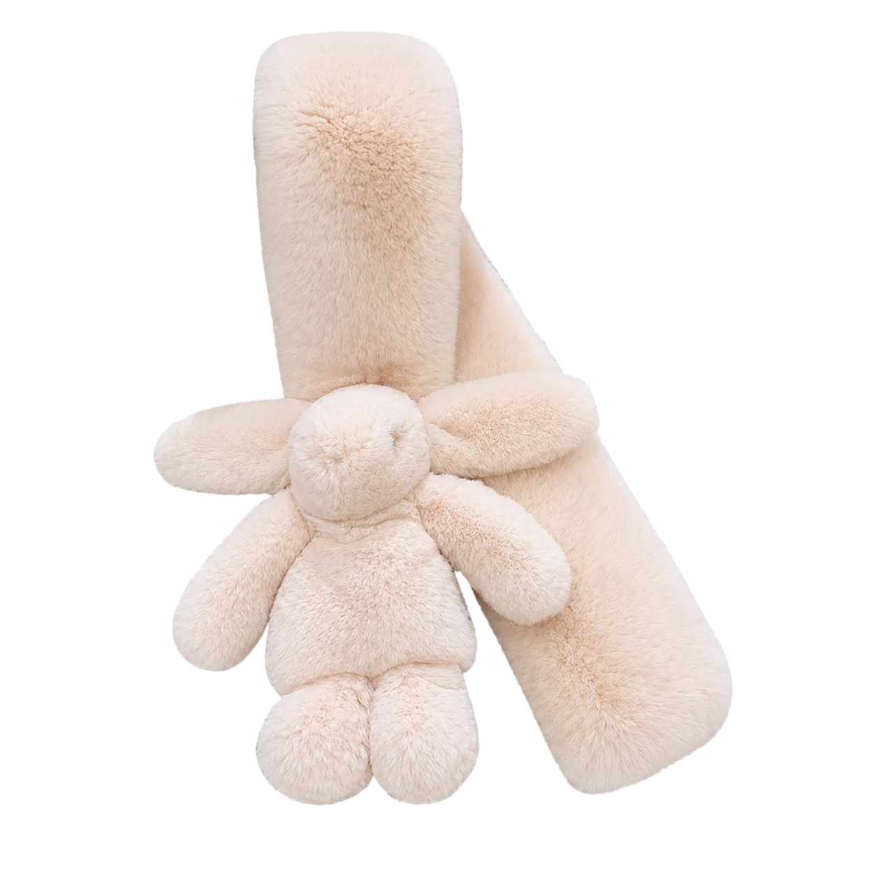 Ivory Beige genuine Rex rabbit fur bunny scarf vertical view on transparent background