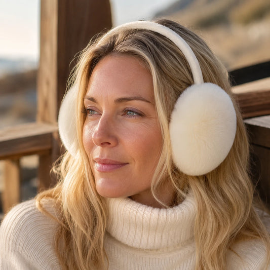 Ivory White genuine Rex rabbit fur earmuffs worn by a woman