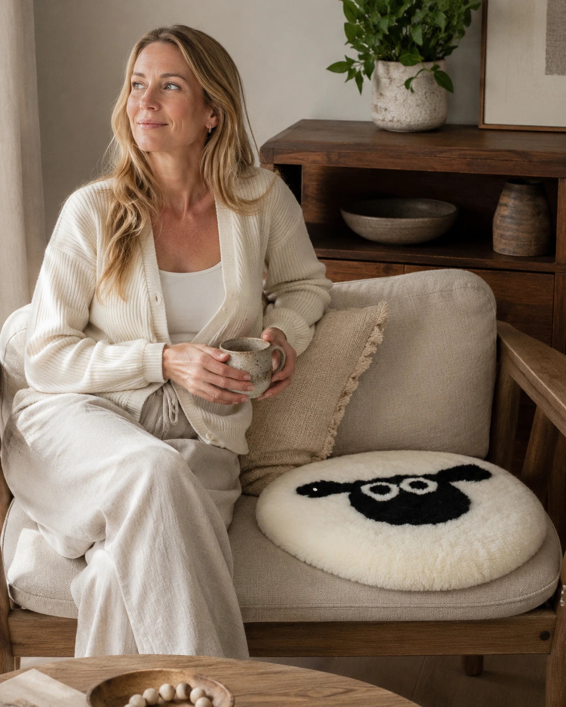 Lamb genuine sheepskin round chair pad used on a neutral sofa