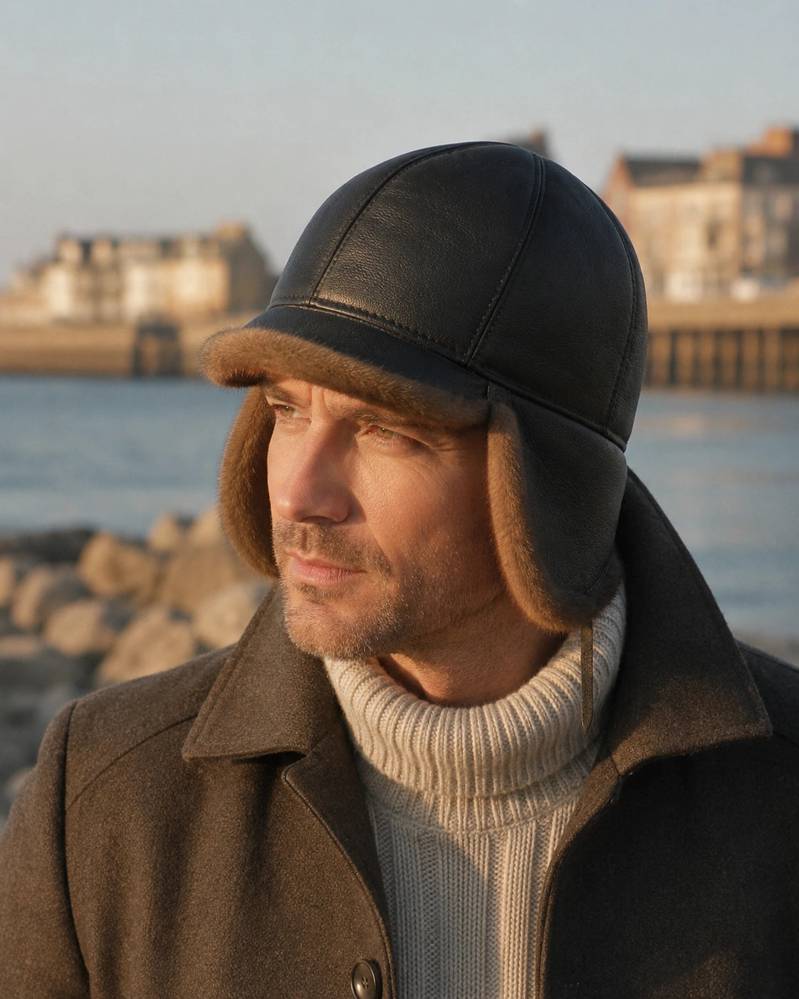 Man over 35 wearing the Mocha Brown leather-and-fur ear-flap cap by the coast in dry winter weather