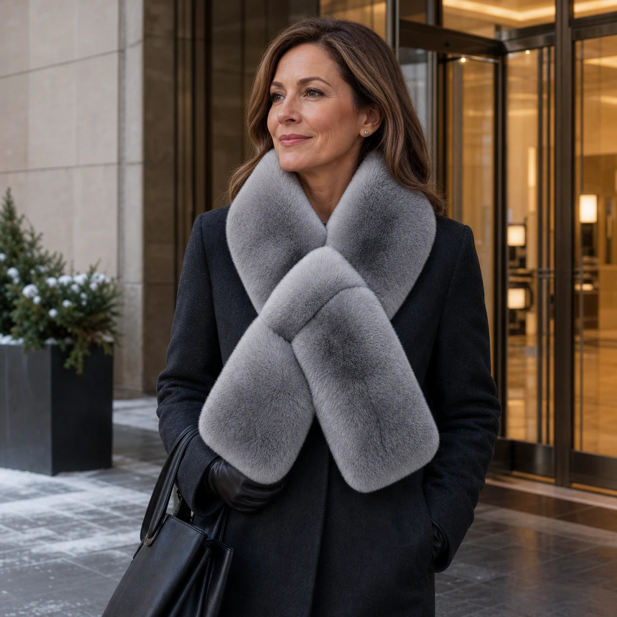 Professional woman wearing a chinchilla blue gradient Rex rabbit fur crossover scarf in an American office lobby