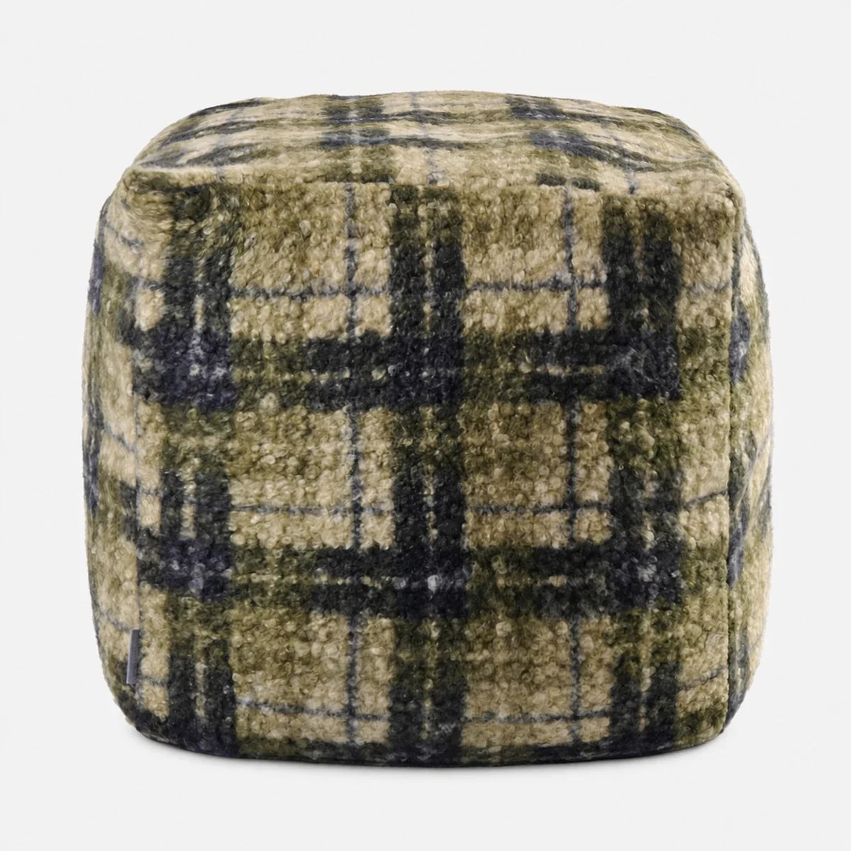 Moss plaid textured floor cushion on a light neutral background