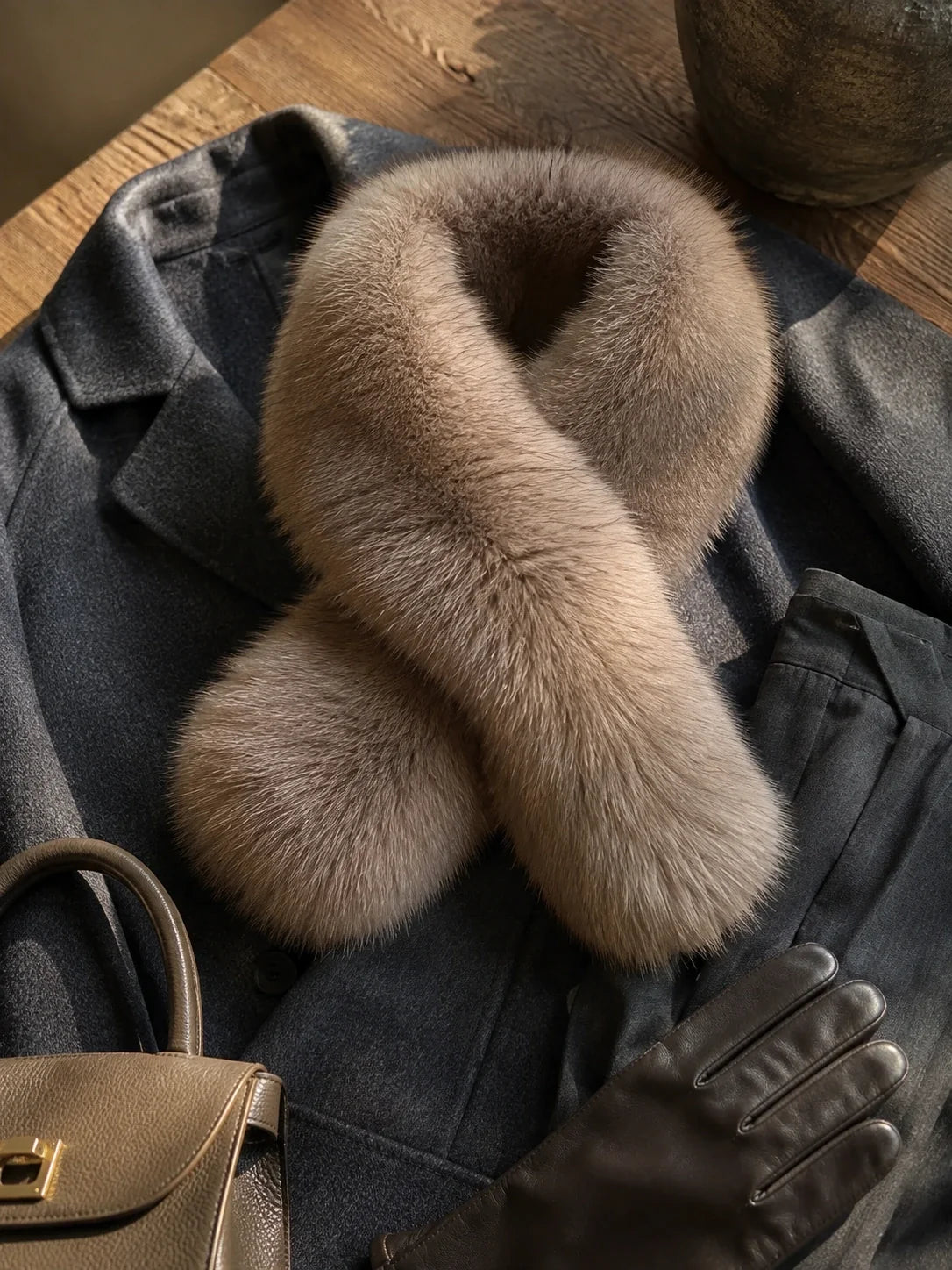 Mushroom Taupe fox fur scarf styled with black winter accessories