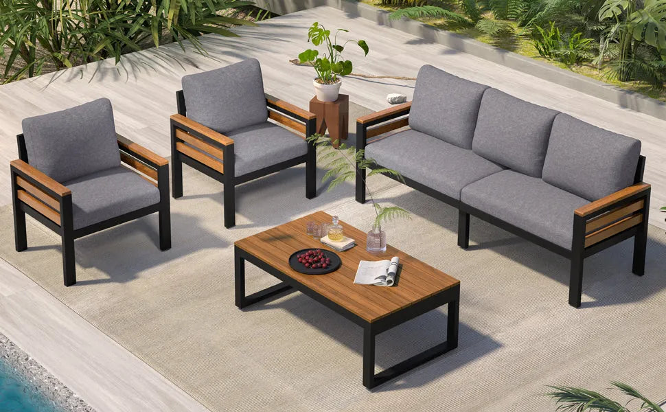 <Old SKU: N704G201246E> GO 4-Piece Outdoor Furniture Sofa Set for 5 People with Acacia Wood Armrests, Patio Conversation Set with Removable Cushion – view 8