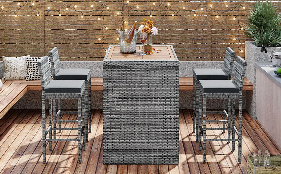 <Old SKU: FG201216AAE> GO 5-pieces Outdoor Patio Wicker Bar Set, Bar Height Chairs With Non-Slip Feet And Fixed Rope, Removable Cushion, Acacia Wood – view 8
