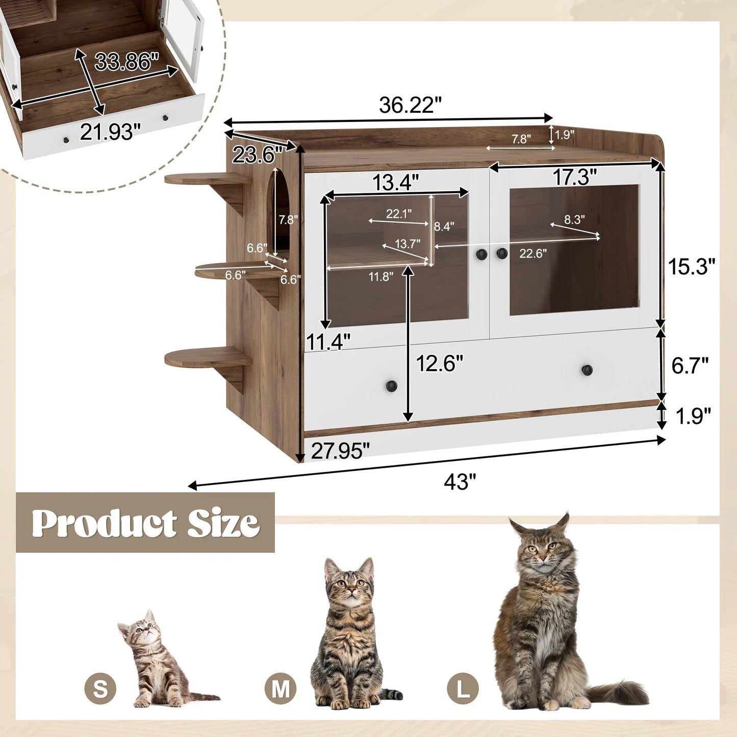 Cat Litter Box Enclosure, Hidden Cat Litter Box Furniture with Drawer and Stairs, Wooden Cat House Washroom for Bedroom,Cat Cabinet Side Table for – view 8