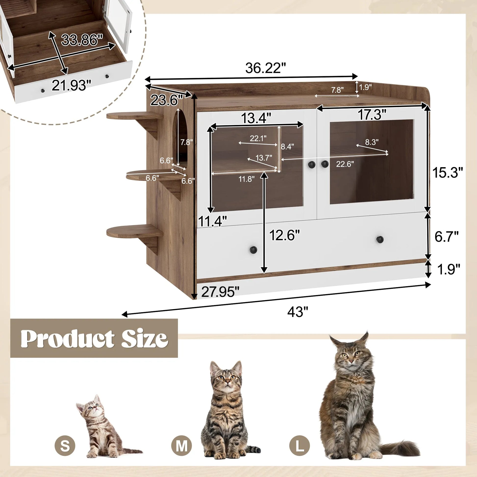 Cat Litter Box Enclosure, Hidden Cat Litter Box Furniture with Drawer and Stairs, Wooden Cat House Washroom for Bedroom,Cat Cabinet Side Table for – view 8