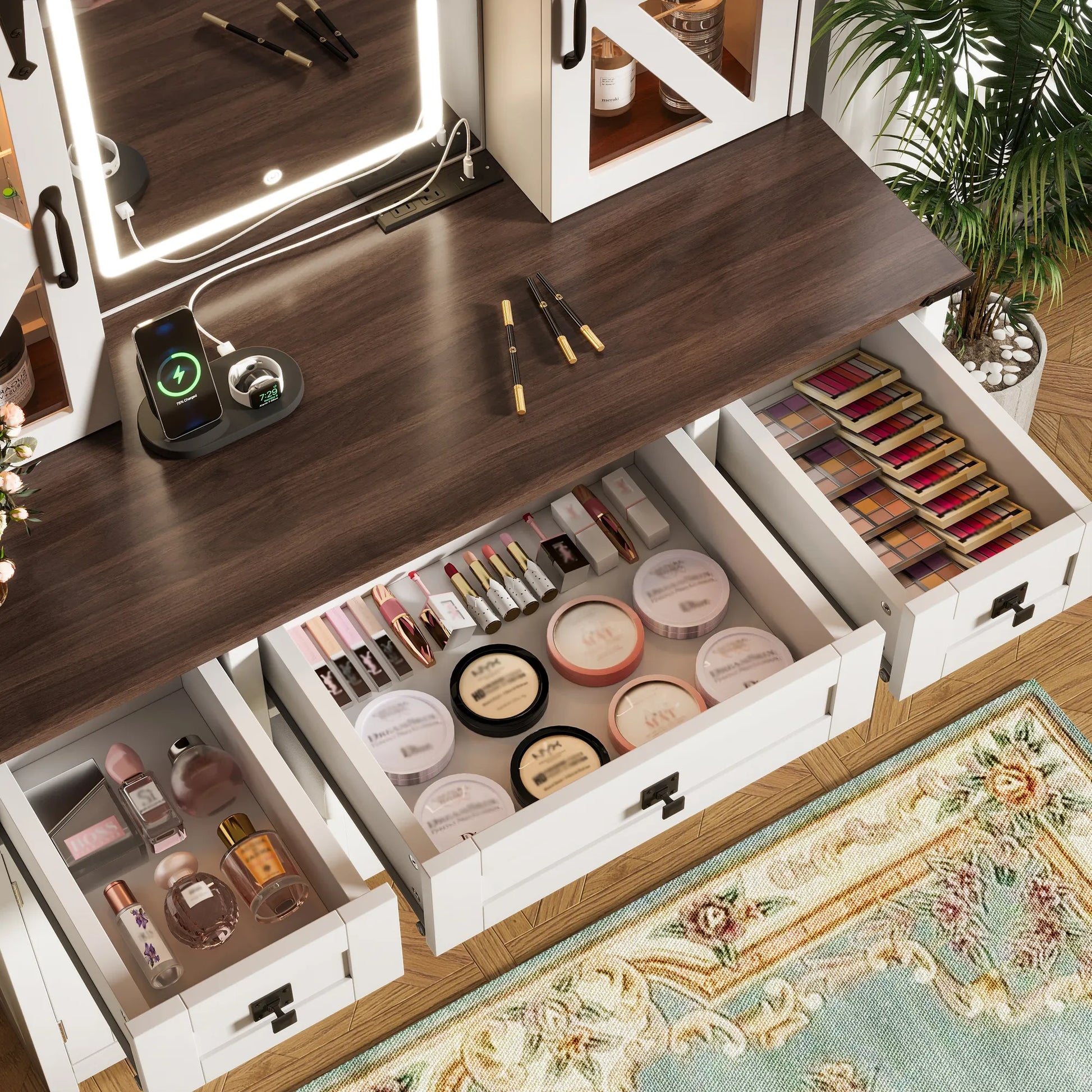 (Stool NOT Included) 43.3' Farmhouse Makeup Vanity Desk with Lighted Mirror, Vanity Table with Charging Station, Dressing Table with Sliding Barn – view 8