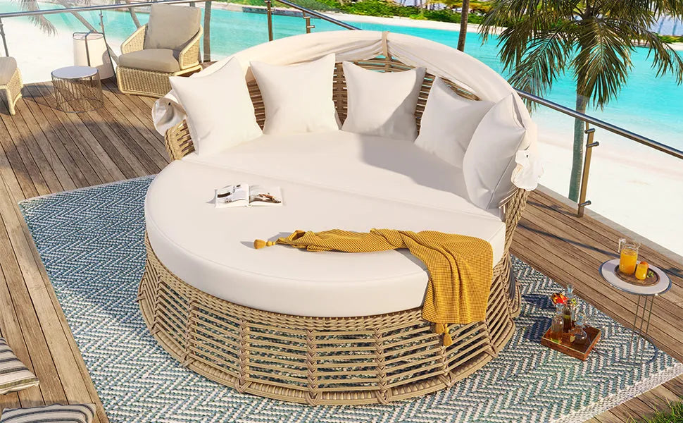 <Old SKU: N704G201243A> Outdoor Patio Rattan Round Daybed with Retractable Canopy, Wicker Furniture Round Poolside Sofa Sunbed with Removable – view 8
