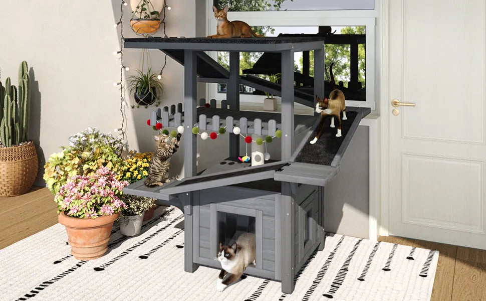 4 Tiers Outdoor Cat House Weatherproof Cat Tree Tower with Waterproof Roof and 2 Doors , Feral Cat Shelter Outside Enclosure, Multi-Level Play Zones – view 8