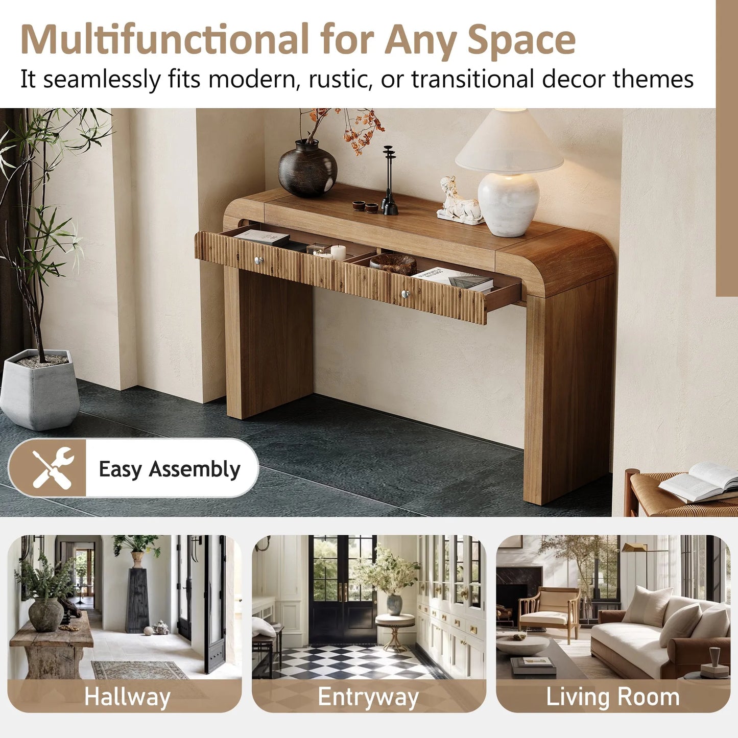 Rustic Console Table with Fluted Drawer Front, Entryway Table with Curved Corners & Thick Legs, Sturdy Sofa Table for Hallway & Living Room (Natural) – view 8
