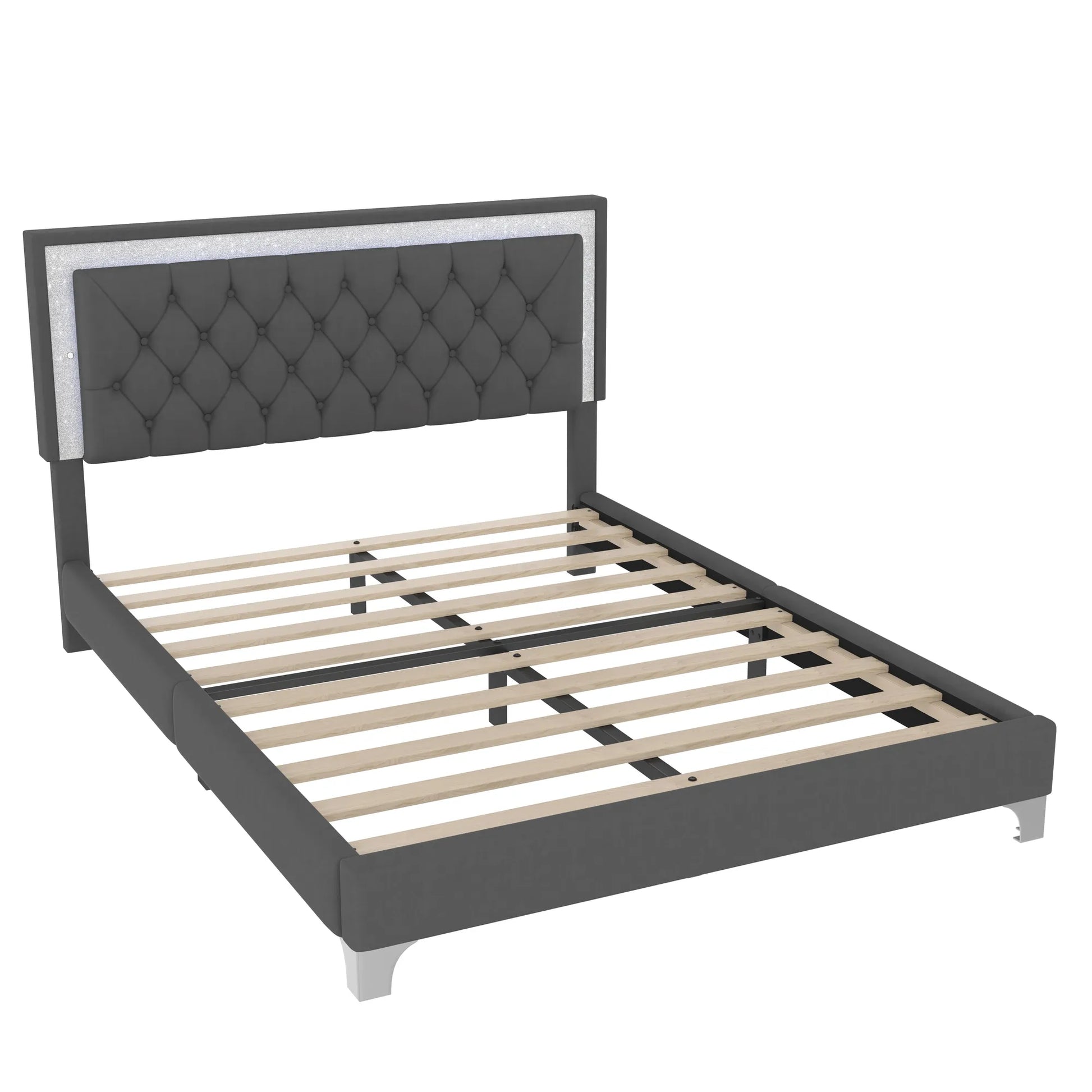 3-Pieces Bedroom Sets,Queen Size Upholstered Platform Bed with LED Lights and Two Nightstands-Gray – view 8