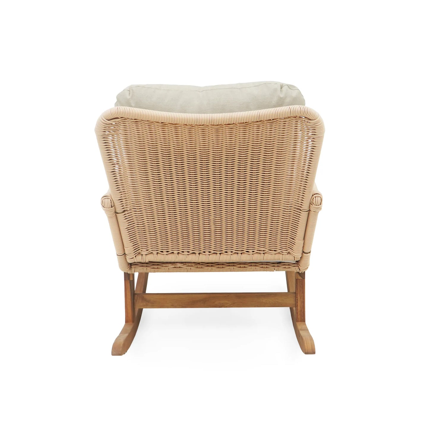 Contemporary Minimalist Beige Wicker Rocking Chair with Soft Polyester Cushions and Wooden Frame – view 8