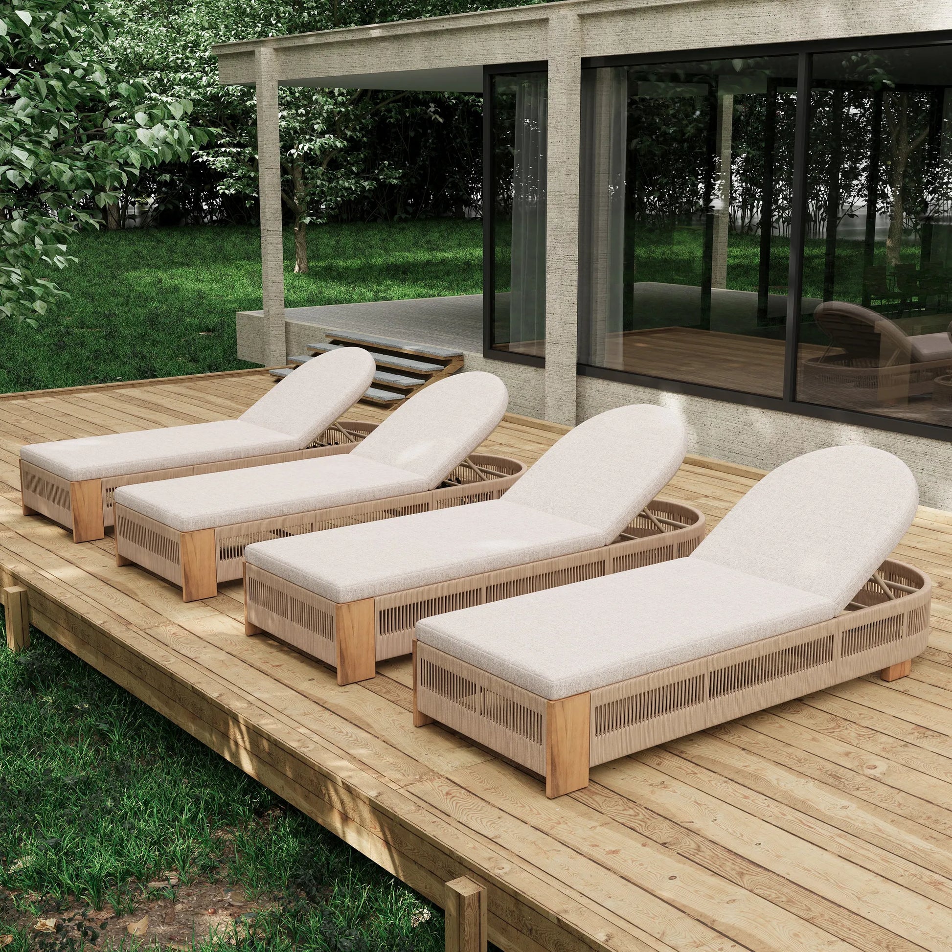 Outdoor Chaise Lounge Chair, Acacia wood Pool Chair with Adjustable Backrest and Cushion, Outdoor Lounge Chair for Beach, Yard, or Poolside (Beige – view 8