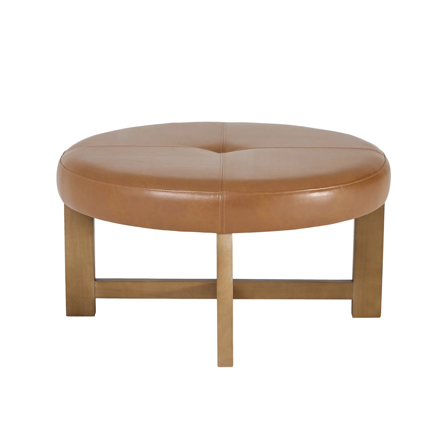 Round Leather Ottoman Coffee Table with Solid Wood Base, Tufted Faux Leather Upholstered Footrest, Brown Top with Walnut Finish Legs – view 8