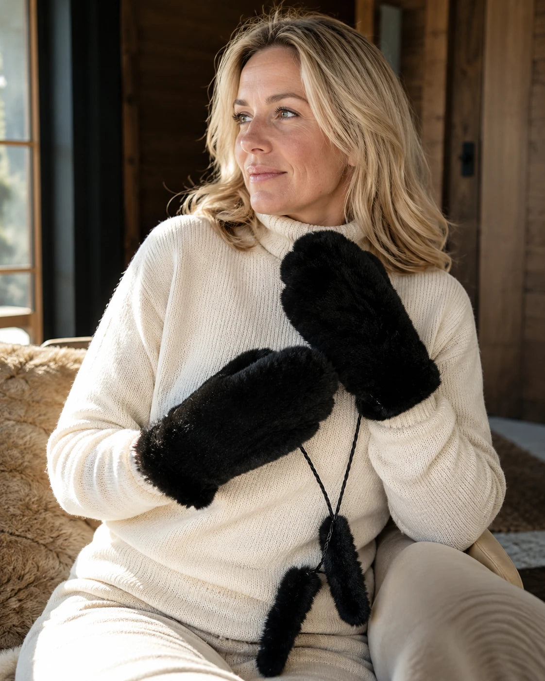 Natural Black genuine Rex rabbit fur knit mittens worn by a woman
