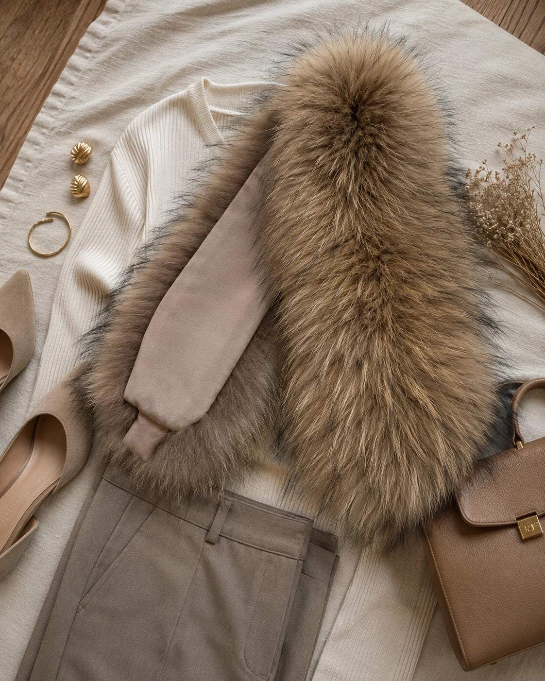 Natural Golden Tan genuine fox fur cape scarf styled with neutral wardrobe pieces