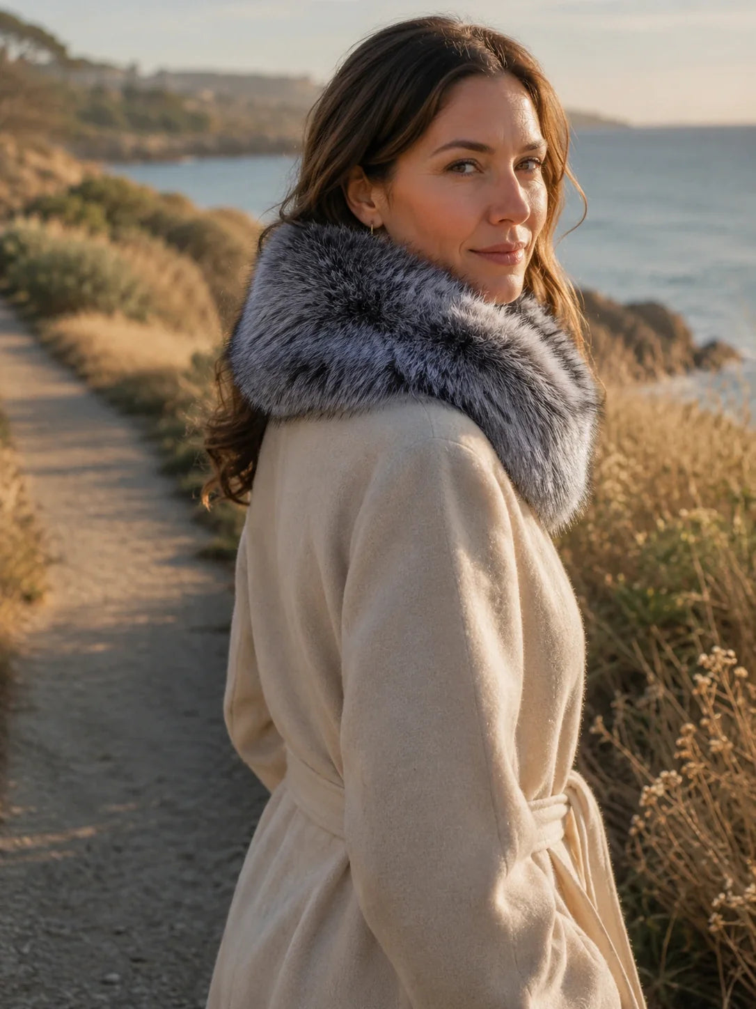 Woman wearing a natural silver fox fur collar on a coastal winter walk