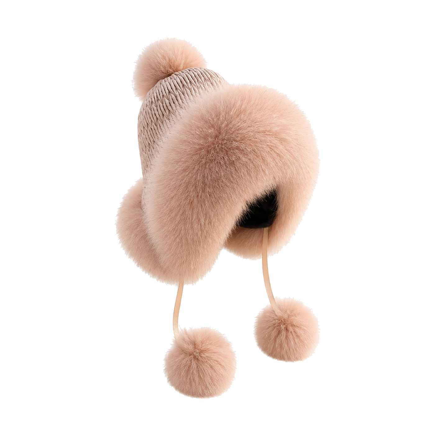 Blush Pink genuine fox fur earflap trapper hat on transparent background