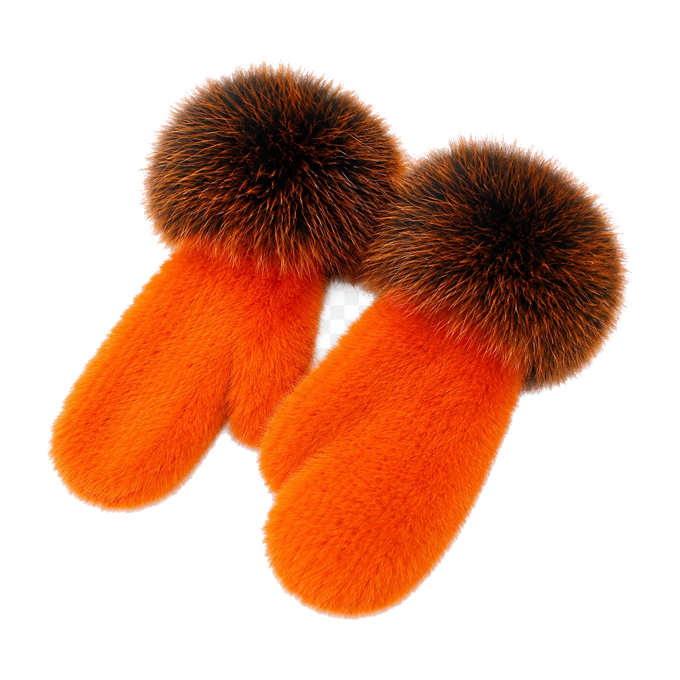 Burnt Orange genuine mink fur mittens with oversized fox fur cuffs on transparent background