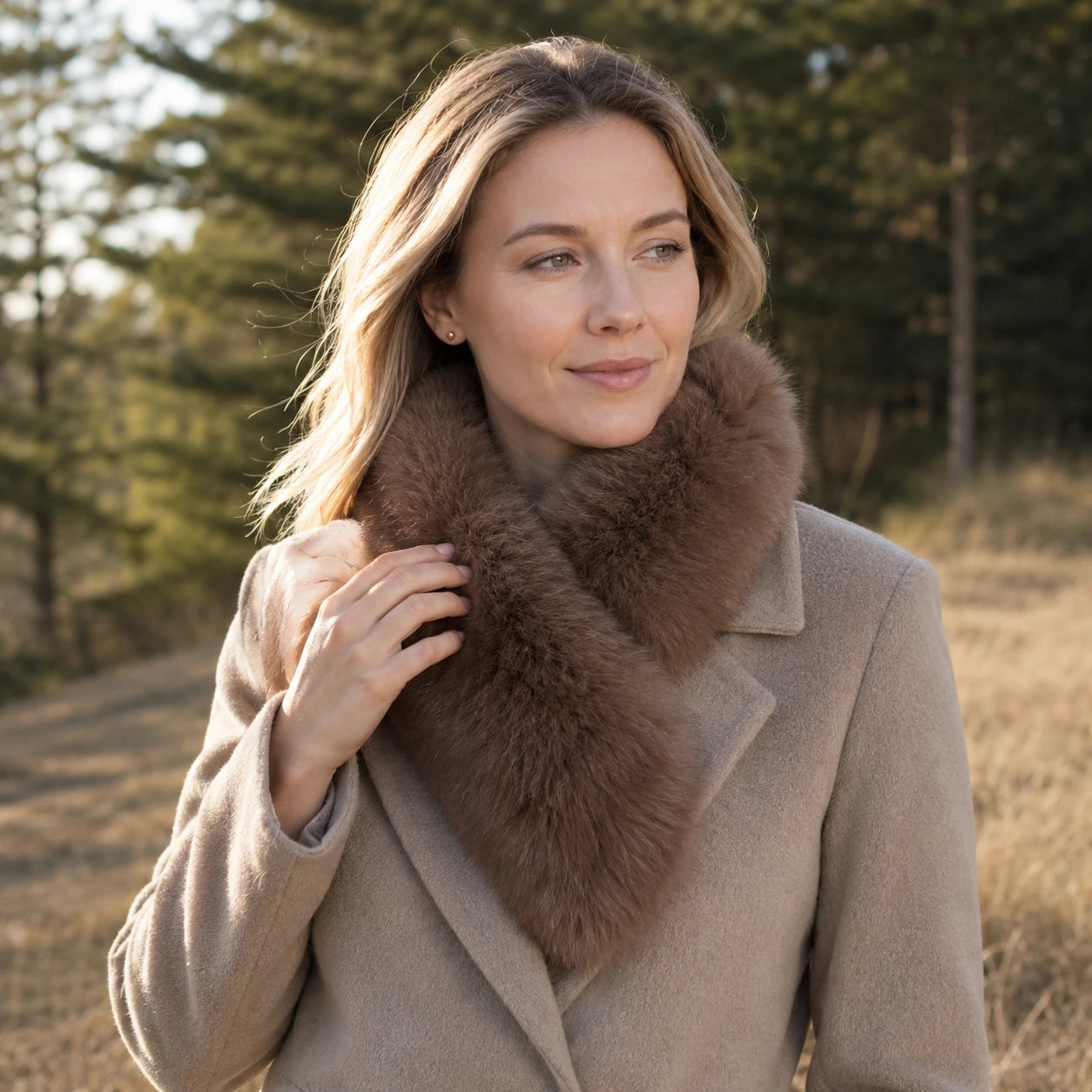 Adult woman wearing a Sable Brown genuine fur V-scarf on a dry woodland walk