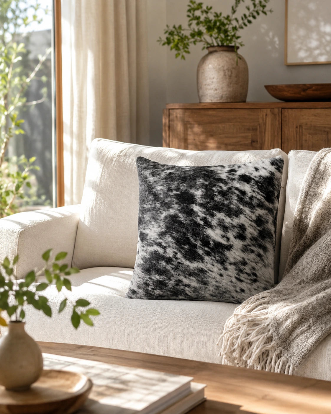 Salt-and-pepper genuine cowhide square pillow styled on a warm neutral sofa